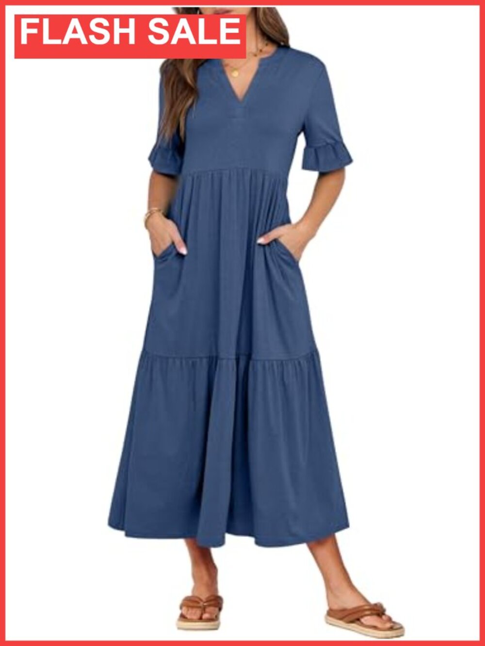 ANRABESS Womens Summer Casual Maxi Dress Ruffle Short Sleeve V-Neck Tiered Flowy